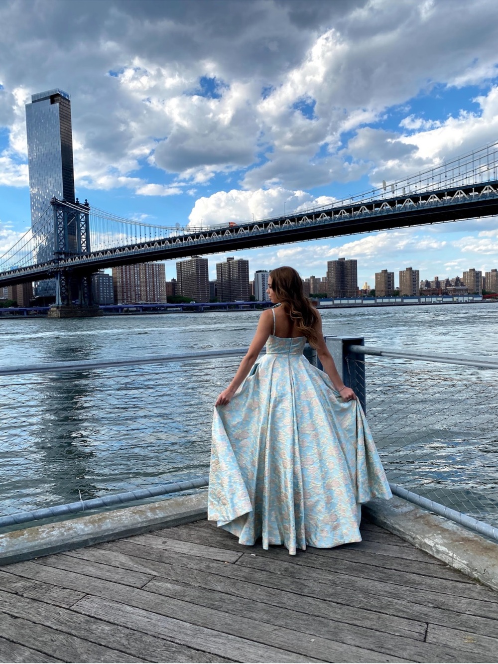 Mac Duggal Light Blue and Gold Floral Jacquard Ball Gown - Picture 3 of 5